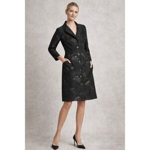 Teri Jon Rickie Freeman Black Floral Jacquard Metallic Coat Dress Size 14